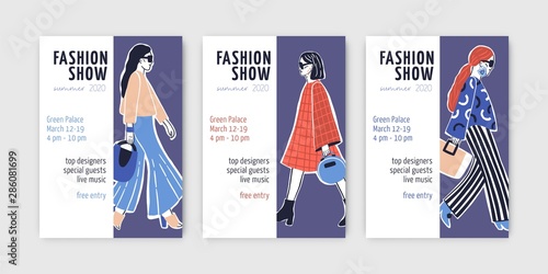 Bundle of fashion show invitation templates with young top models wearing trendy clothes and doing catwalk or demonstrating apparel on runway. Hand drawn vector illustration for event announcement.