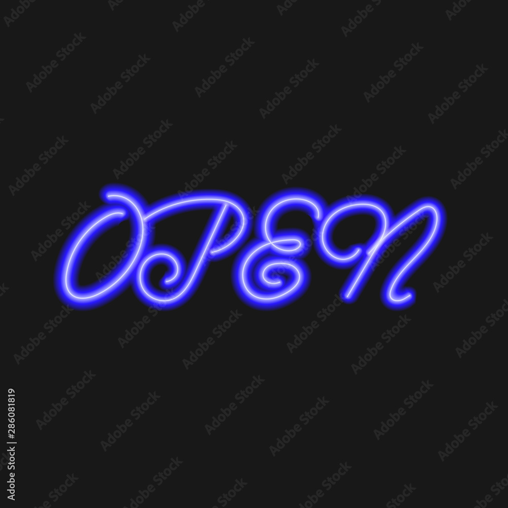 Vector Open Sign, Calligraphic Lettering, Glowing Bright Blue Word Isolated.