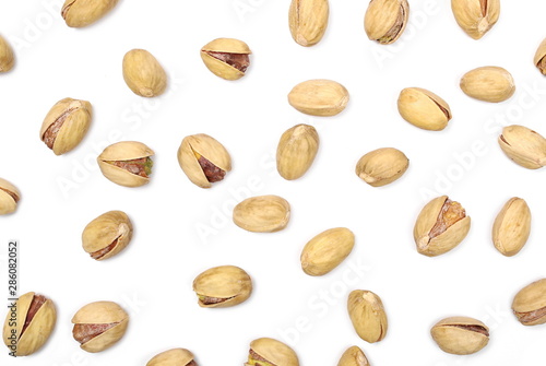 Pistachios isolated on white background and texture, top view