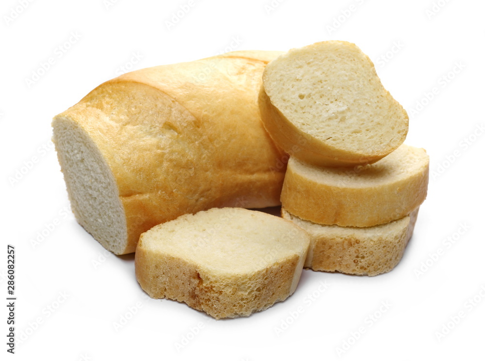 Bread loaf with slices isolated on white background