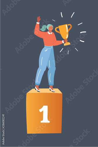 Woman winner standing in first place