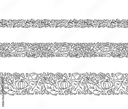 Set of seamless pattern ornament monoline with acorns, pumpkin and autumn oak leaves in black. Perfect for wallpaper, gift paper fill, web page background, greeting card