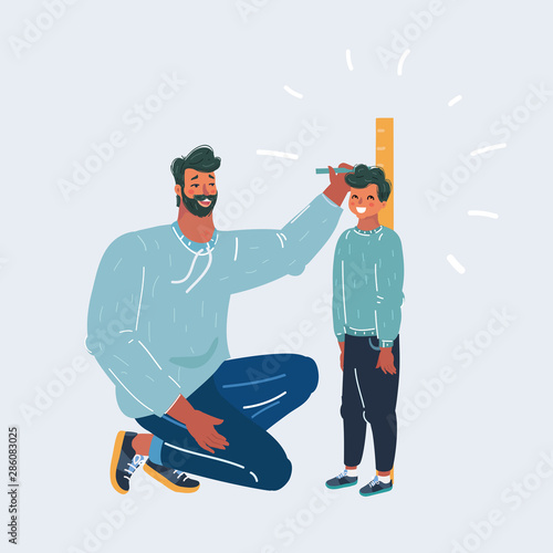 Young man measuring his son's height
