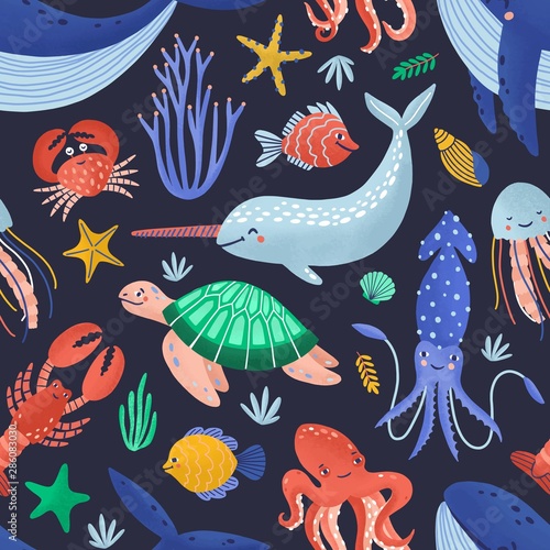 Seamless pattern with happy sea word creatures. Backdrop with underwater fauna or cute ocean animals on dark background. Flat cartoon childish vector illustration for wrapping paper, fabric print.