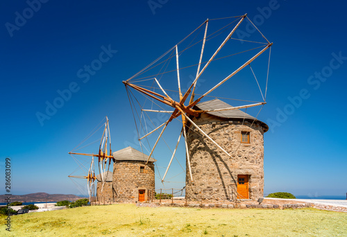 Old Greek windmills landscape. Patmos Island, Greece.