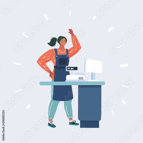 Young cashier at the checkout in supermarket.