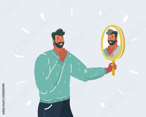 Young man looking at reflection in hand mirror.
