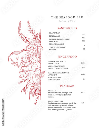 Sea food menu for a fish restaurant. Menu template. Vector design menu with marine elements: algae, shells, seahorse, corals.