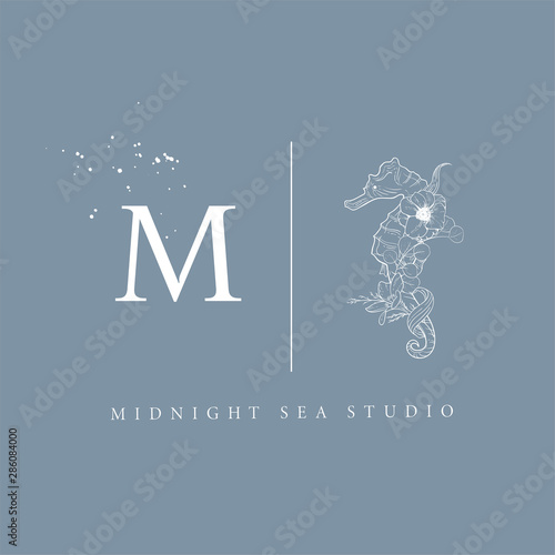 Simple logo with a monogram and a seahorse complemented by ink spots. Hand drawn vector illustrations. Perfect for labels, badges, logo, branding.
