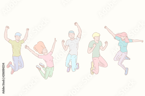 Hand drawn style vector illustration of jumping happy people, team success, cheerful friends.