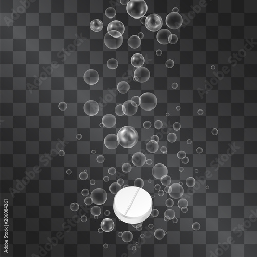 Soluble pill surrounded by fizzling bubbles in water on transparent liquid background. 3d vector illustration for medication posters, pharmaceutical ads. Vitamin or painkiller fast metabolized drug.