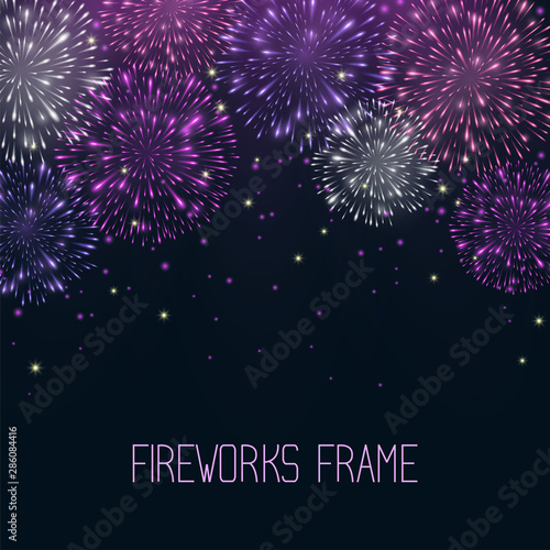 Fireworks light effect, shining bright decorative design template for posters, banners, invitation. Glowing round shape neon backgrounds in pink, rose and violet colors. Sparkles energy explosion.