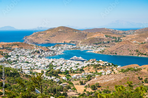 Landscape view of Skala harbor and town, Patmos Island, Greece. photo
