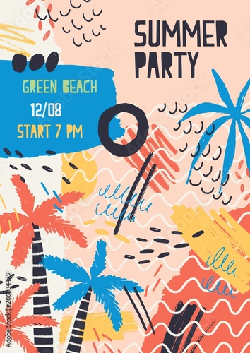 Creative flyer, poster or invitation templates decorated by jungle palm trees...