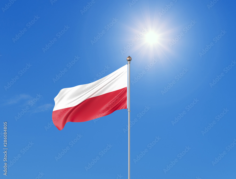 3D illustration. Colored waving flag of Poland on sunny blue sky background. 3D illustration. Colored waving flag of Poland on sunny blue sky background.