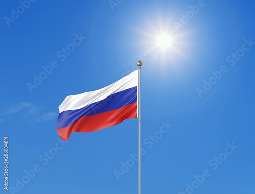 3D illustration. Colored waving flag of Russia on sunny blue sky background. Free Download 3D illustration. Colored waving flag of Russia on sunny blue sky background. - GFXLoad