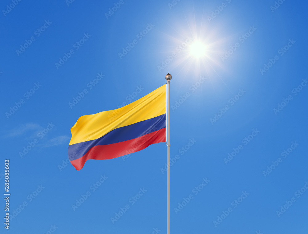3D illustration. Colored waving flag of Colombia on sunny blue sky background. 3D illustration. Colored waving flag of Colombia on sunny blue sky background.
