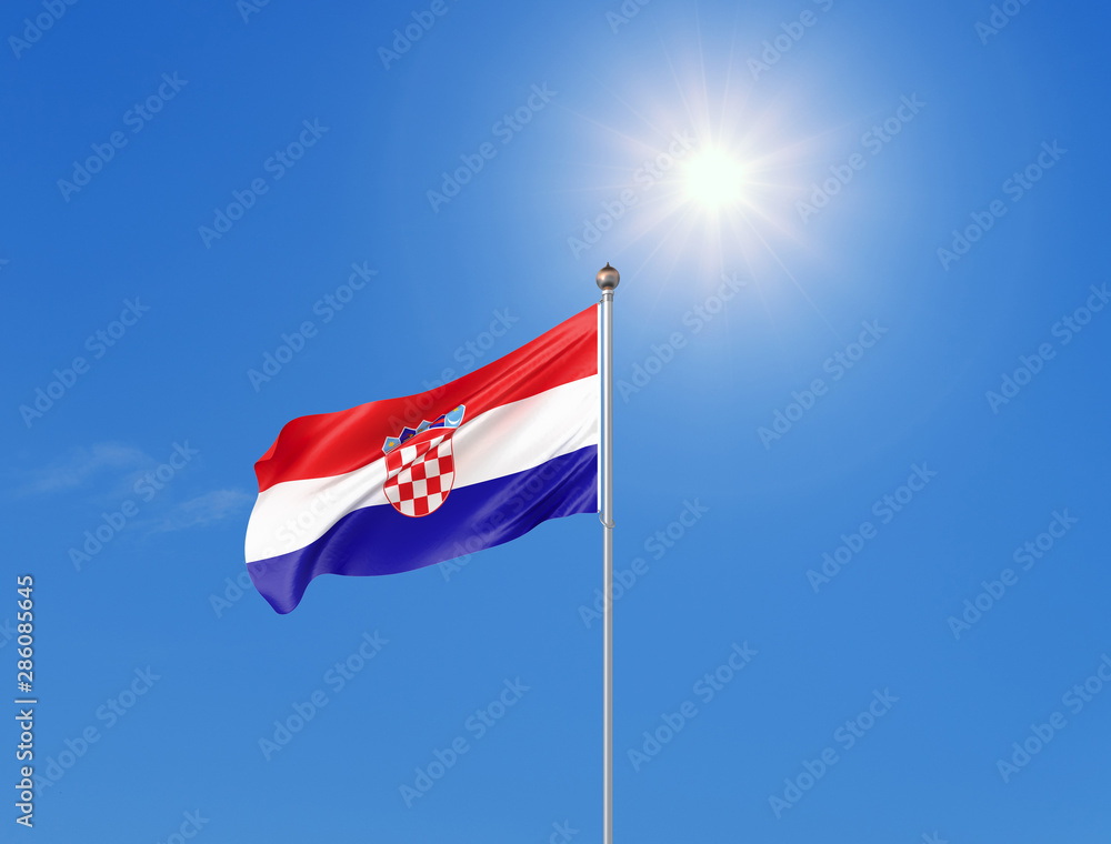 3D illustration. Colored waving flag of Croatia on sunny blue sky background. 3D illustration. Colored waving flag of Croatia on sunny blue sky background.