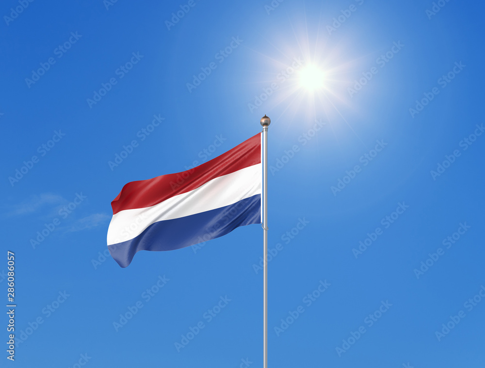 3D illustration. Colored waving flag of Netherlands on sunny blue sky background. 3D illustration. Colored waving flag of Netherlands on sunny blue sky background.