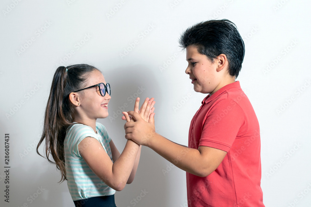 Children talk emotionally. Brother and sister communicate Children talk emotionally. Brother and sister communicate