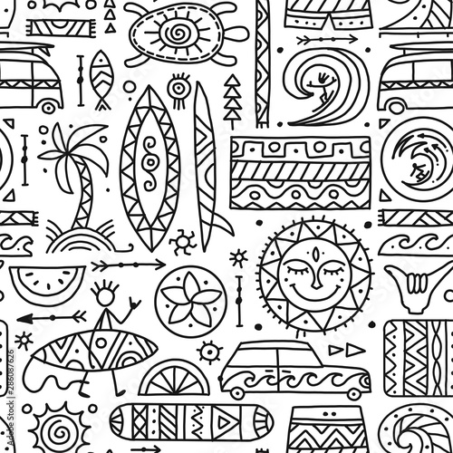 Surfing seamless pattern. Tribal elements for your design