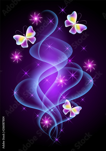 Glowing background with neon smoke, butterflies and sparkle stars