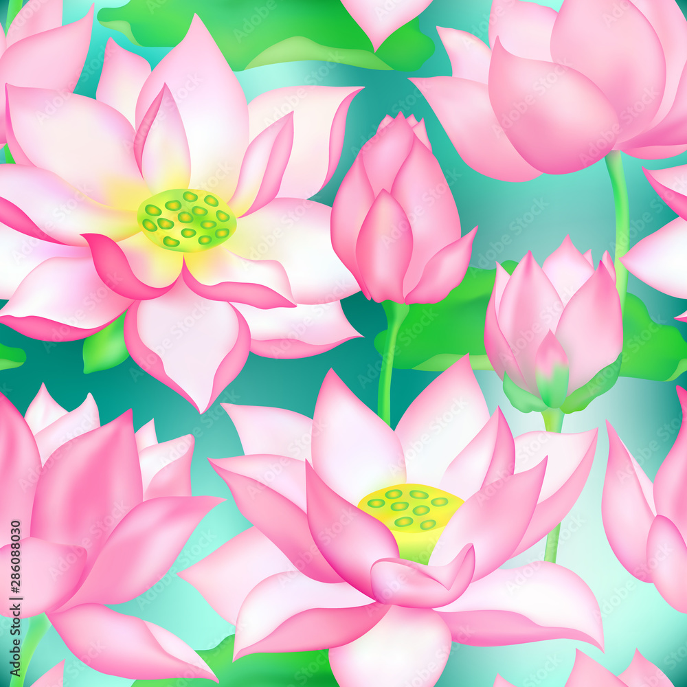Fototapeta premium Lotus buds and flowers seamless textile print., Water lilly nelumbo aquatic plant illustration.