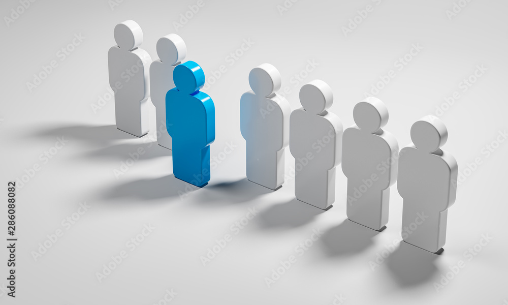 Leader power and team work concept. Blue man figure stand out from the line. Leader power and team work concept. Blue man figure stand out from the line.