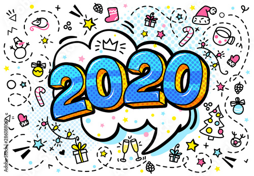 2020 new year. Numbers 2020 in pop art style