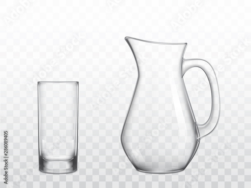 Empty, classic jug with handle and highball drinking glass 3d realistic vector objects isolated on transparent background. Home, restaurant glossy, clear glassware for water and drinks illustration