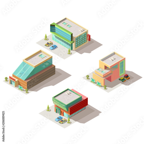 Cars selling salons and dealers showrooms modern buildings entrance exteriors with passenger cars on parking isometric projection vector set isolated on white background. City commercial real estate