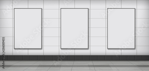 Three blank white ad vertical banners or posters hanging on tilled wall in subway station, public building corridor 3d realistic vector illustration. Indoor advertising, promoting campaign elements