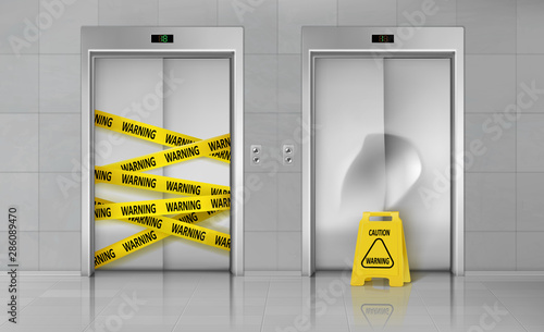 Broken elevators closed for repair or maintenance 3d realistic vector concept. Caution sign standing near lift damaged doors with dent, elevator doorway wrapped with warning yellow stripe illustration