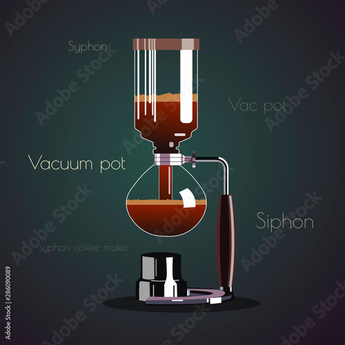 Vacuum pot or Syphon coffee maker on the dark background. Coffee brewing methods concept. Vector illustration for poster, banner, card, menu, presentation.