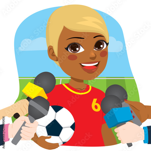 Young beautiful black female soccer player in front of reporters hands holding microphones for an interview