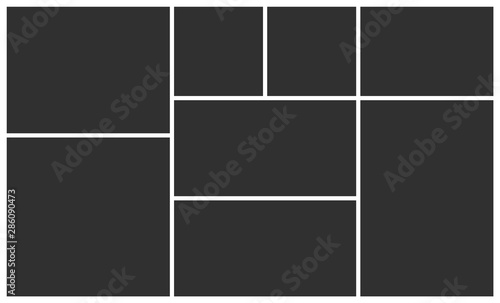 Templates collage eight frames photos parts, picture or illustration. Vector poster frame mockup. Eight photos. Board and branding presentation.