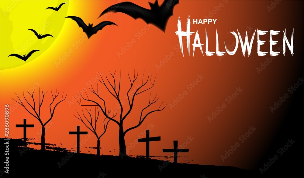 Happy Halloween. Design with moon and bats on orange sky background. vector.