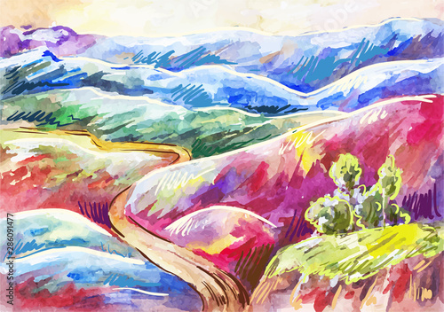 Watercolor multi-colored mountains. Bright  fantastic landscape