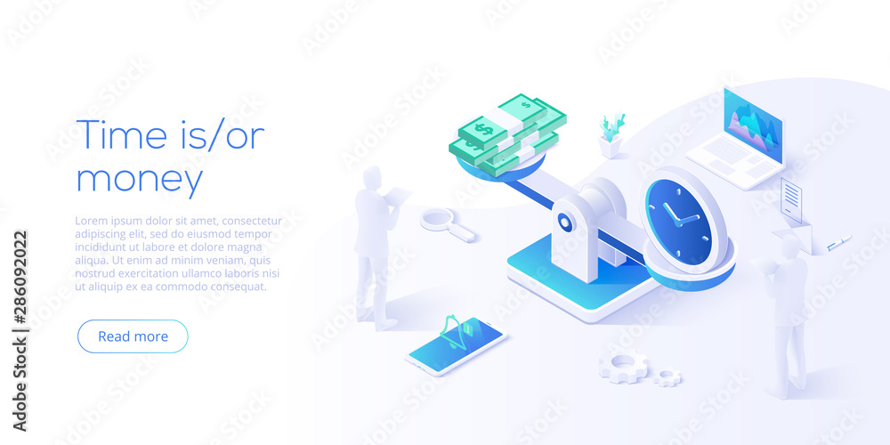 Time is money business concept with scales in isometric vector ...
