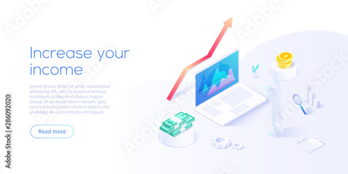 Business analysis isometric vector illustration. Data analytics for company marketing solutions or financial performance. Budget accounting or statistics concept for increasing income.