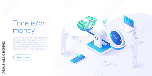 Time is money business concept with scales in isometric vector illustration. Long term financial investment idea with clock and paper dollars. Web banner layout template for website or social media.