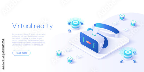 Virtual or augmented reality concept in isometric vector illustration. VR/AR glasses connection to network. Headset technology web banner layout template for website or social media.