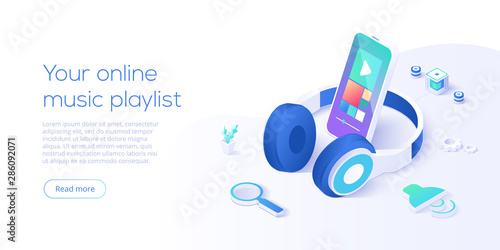 Online music playlist concept in isometric vector illustration. Smartphone streaming audio player app and headphones playing mp3. Web banner layout template for website or social media.
