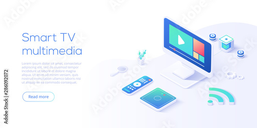 Smart tv multimedia concept in isometric vector illustration. Television set with remote control and mediaplayer box connected via wi-fi internet. Iot or smart home. Web banner layout template