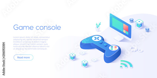 Video game controller and smart tv in isometric vector illustration. Television set with videogame console joystick connected via wi-fi internet. Web banner layout template for website or social media