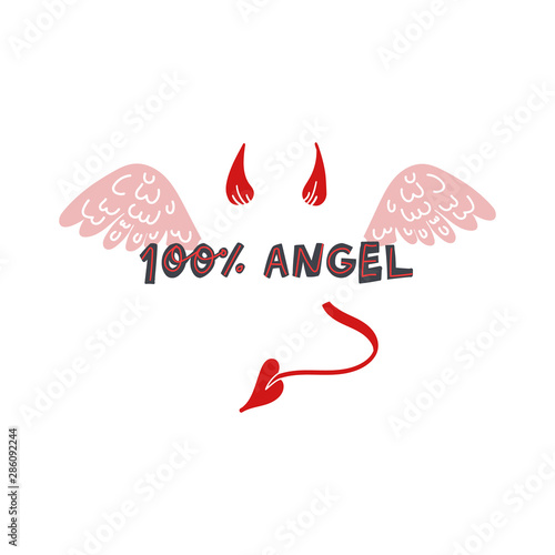 Cute hand drawn pink sheep with halo and wings and lettering quote 100 percent angel with devil horns and tail  for Cards print, t-shirt design. Fun vector flat illustration on isolated background. photo