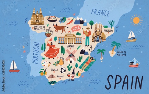 Fotografia Map of Spain with touristic landmarks or sights and national symbols - cathedrals, flamenco dancer, bull, sangria, paella, man playing guitar