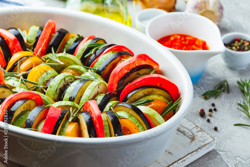 Vegetable ratatouille in ceramic frying pan photo