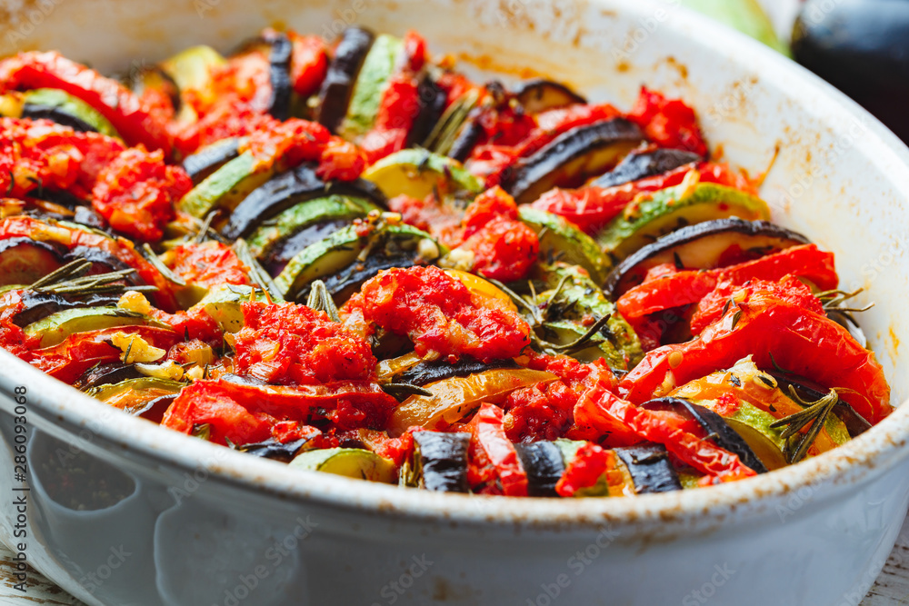 Vegetable ratatouille in ceramic frying pan