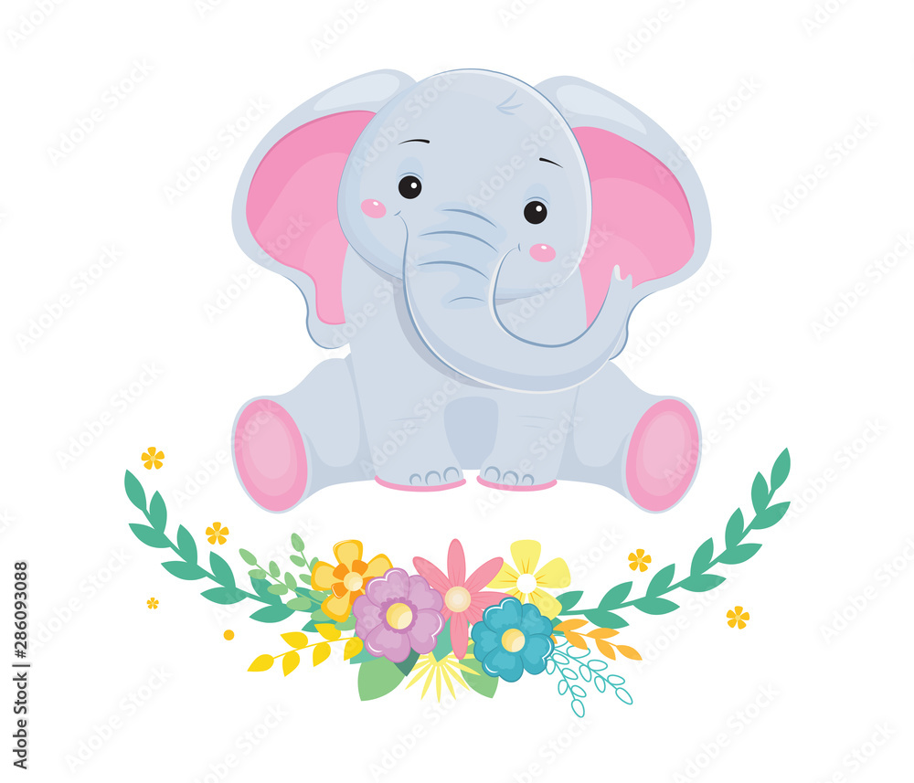 Cute grey elephant with wreath of flowers. Children illustration Cute grey elephant with wreath of flowers. Children illustration